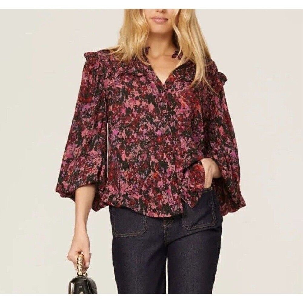 GILNER FARRAR Blouse Womens Large L Floral Button Front Riley Ruffle Smocked
